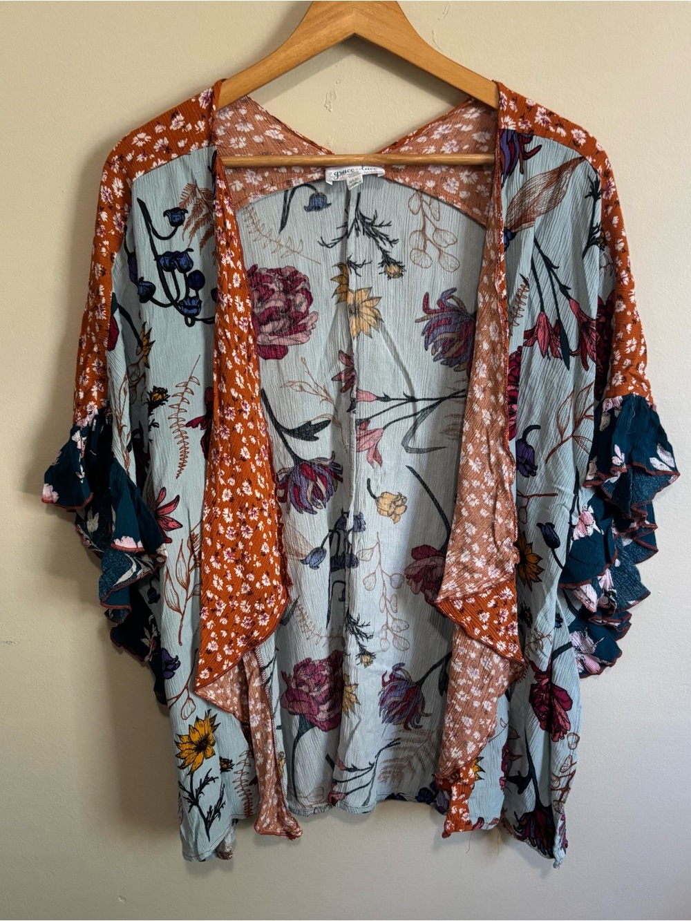Grace & Lace Floral Open Kimono Cardigan Ruffle Sleeve M/L/XL